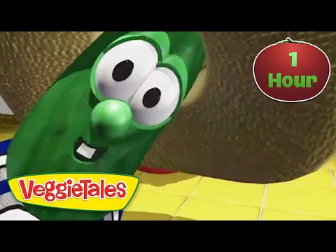 Green VeggieTales cucumber character with a big smile, VeggieTales logo bottom left, and a '1 Hour' badge top right.