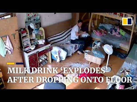 Milk drink ‘explodes’ after dropping onto floor Video