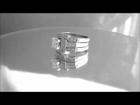14K WHITE GOLD PRINCESS CUT DIAMOND ENGAGEMENT RING AND BANDS DECO 1.20CTW - KNR INC - 355