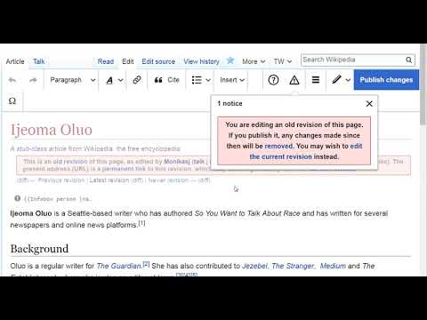 How to restore a previous version of a Wikipedia article page, example with Ijeoma Oluo's biography