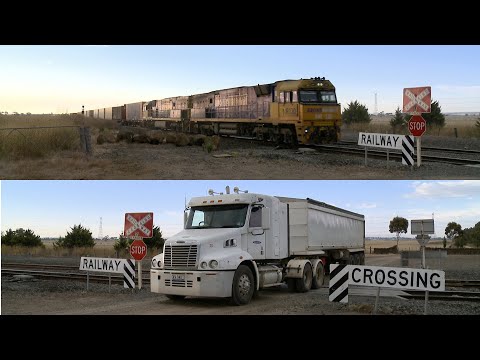 1PM5 Diesel Freight Train Meets A Truck At Level Crossing (13/1/2021) - PoathTV Australian Railways