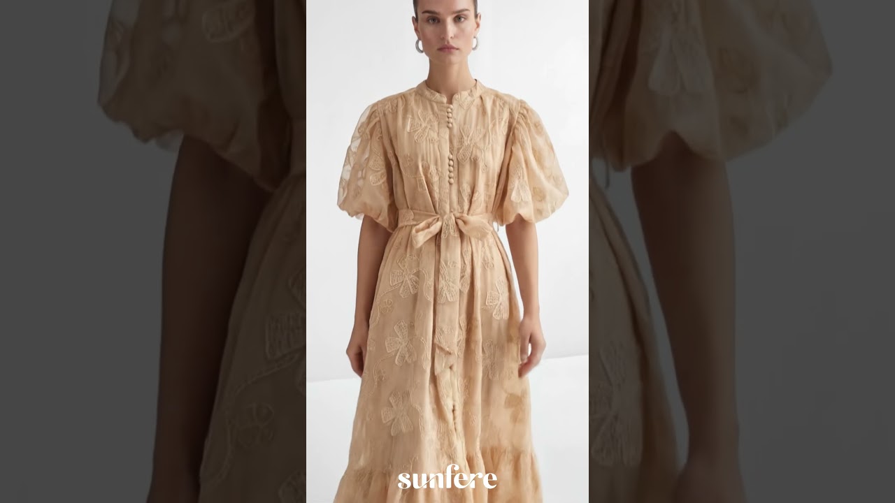 Always Remarkable Beige Floral Embroidery Puff Sleeve Maxi Dress