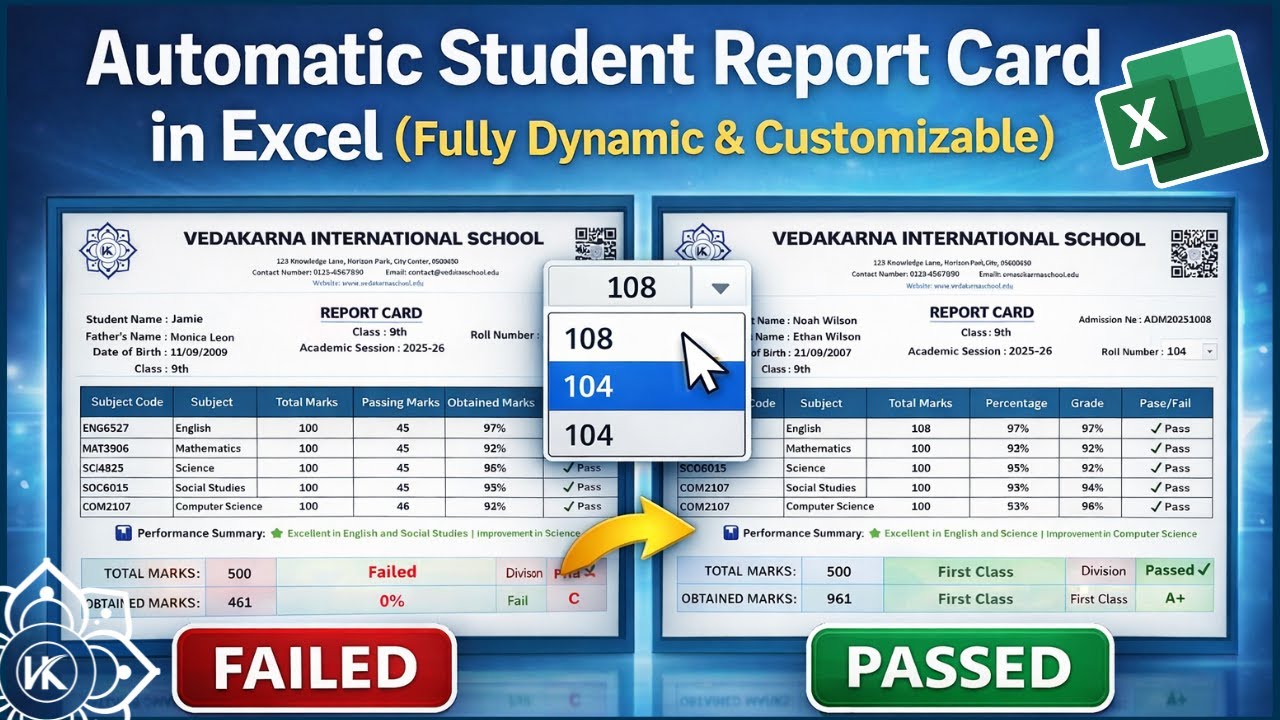 Automatic Student Report Card in Excel (Fully Dynamic & Customizable)
