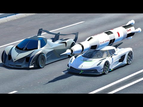 Koenigsegg Jesko with Saturn V Rocket Engine vs Devel Sixteen 2014 - Drag Race 20 KM