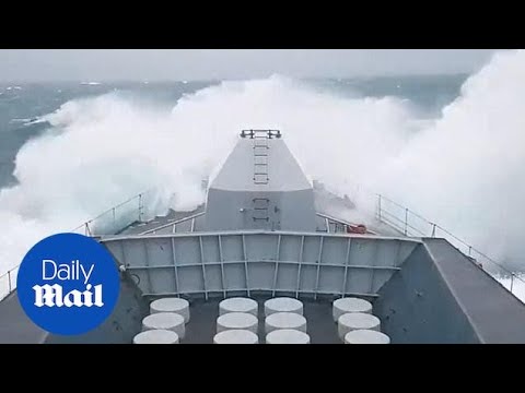 HMS Sutherland frigate crashes into waves during Storm Gareth