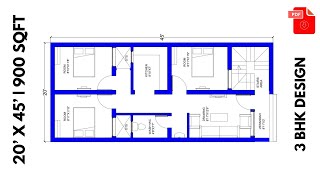 20X45 HOUSE PLAN DESIGN | 900 SQFT HOUSE DESIGN | 3BHK SMALL HOUSE DESIGN WITH PDF