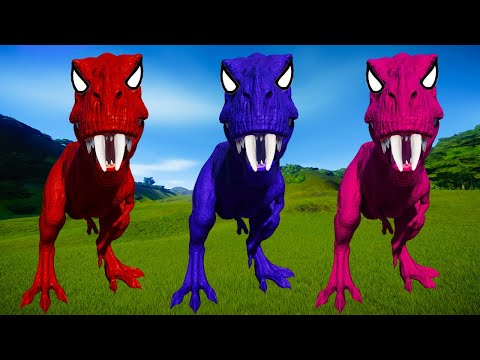 Rexy Color Pack vs Indoraptor, Spinosaurus, Allosaurus Jurassic World Evolution Dinosaurs Fighting
