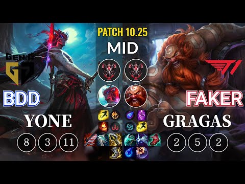 GEN Bdd Yone vs T1 Faker Gragas Mid - KR Patch 10.25