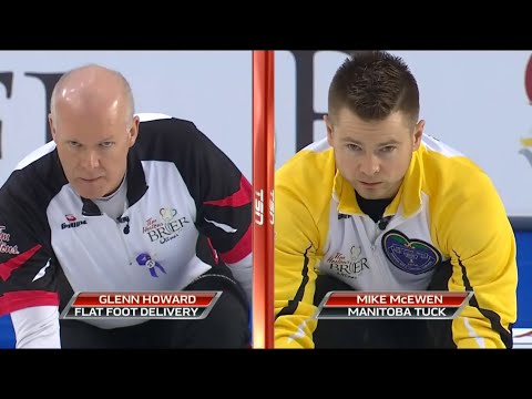 #brier2016 Split screen comparison: Glenn Howard's flat-foot delivery vs Mike McEwen's Manitoba tuck