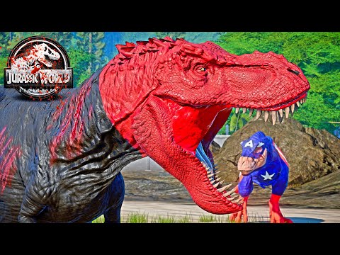 RED SKULL T-REX vs CAPTAIN AMERICA, JOKER, BATMAN Dinosaurs Fight 🌍 JURASSIC WORLD EVOLUTION