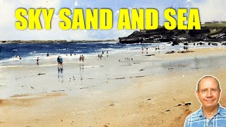 Sea and sand full watercolor step by step tutorial. Watercolour seascape lesson. Figures and rocks