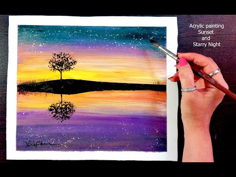 Painting Sunset And Starry Night With Acrylic colors | How To Paint Easy #0027
