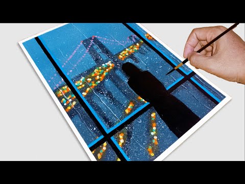 How to Paint a Rainy Night Acrylic For Beginners / Rainy Window Painting VERY EASY