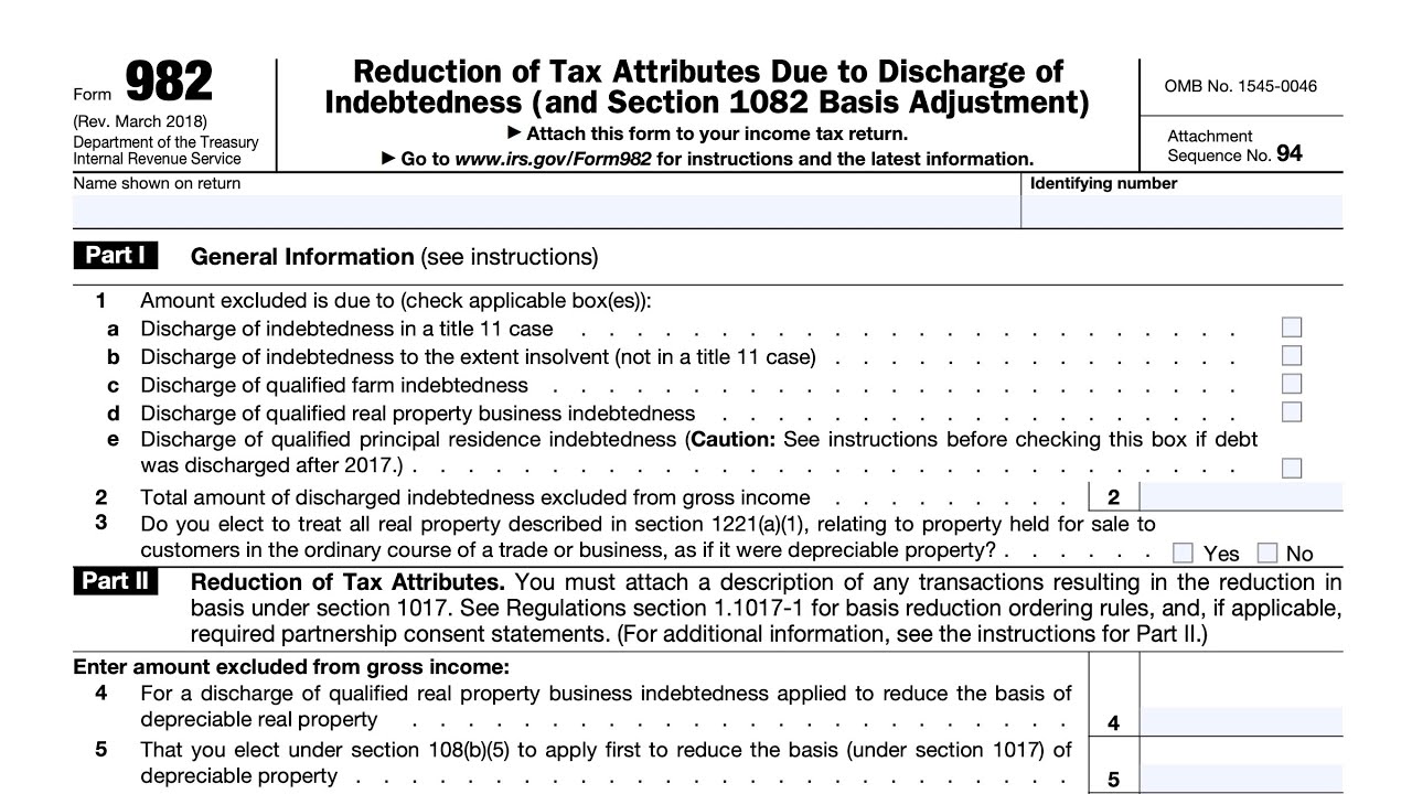 IRS Form 982 walkthrough (Reduction of Tax Attributes Due to Discharge of Indebtedness)