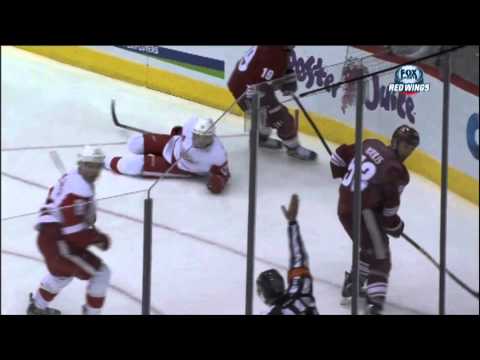Derek Morris Dangerous knee on knee hit on Pavel Datsyuk April 4 2013