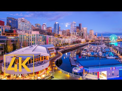 4K Seattle - Night City - 8 HOURS Relaxing City Screensaver with Jazz Music