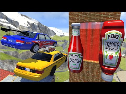 Crazy Vehicle High Speed Jumping through Heinz Tomato Ketchup Wall - BeamNG drive Slime Water Wall