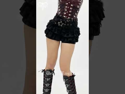 Black Gothic Tiered Skort with Star Buckle Trim