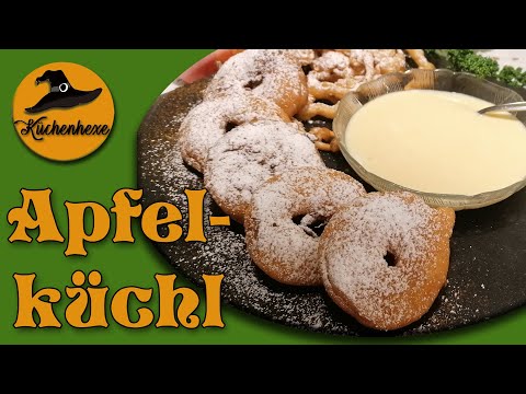 Apfelküchel,  Apfelradl gebacken , mit Vanillesauce