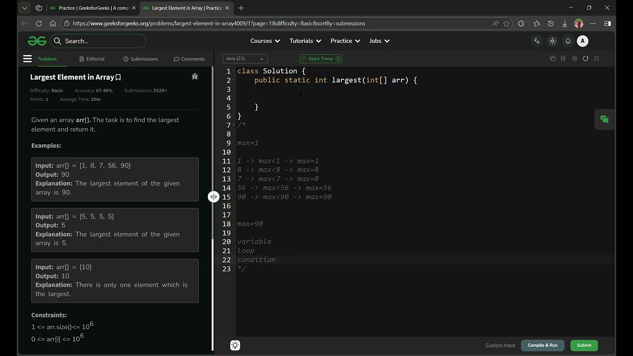 Largest Element in Array - Basic - GeeksforGeeks