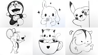 6 Cute Cartoon Characters Drawing ✏️ | Easy Pencil Sketch Step by Step | Beginners Tutorial