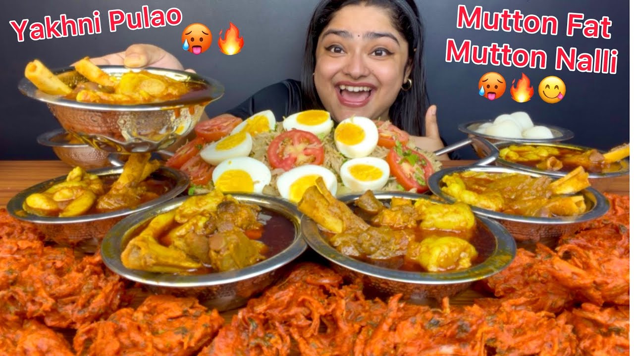 SPICY MUTTON FAT CURRY, SPICY MUTTON NALLI CURRY WITH ALOO YAKHNI PULAO, PIYAZ PAKODE & BOILED EGGS