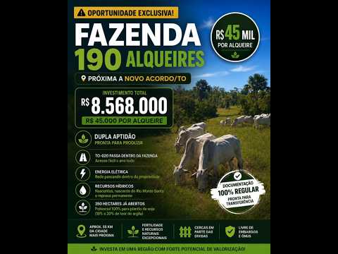 NO TOCANTINS! 🚨🌾 Fazenda à Venda com 190,4 Alqueires por apenas R$ 8.568.000💰