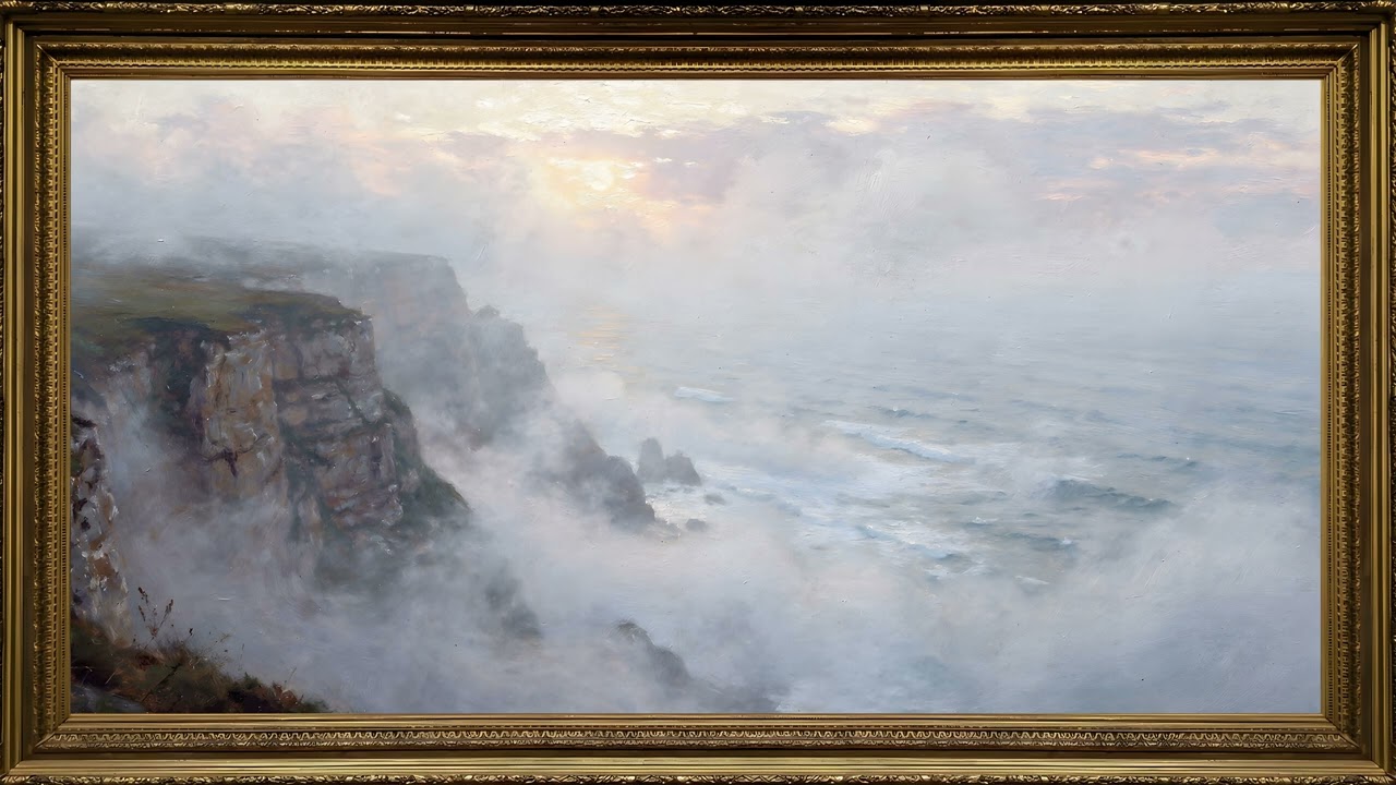 Misty Coastal Cliffs in Gold Frame 4K | Atmospheric Ocean Oil Painting TV Art (2 Hours) — 4K ambient art screensaver in baroque gold frame