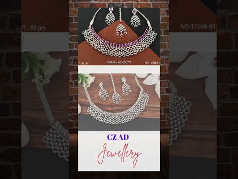 American Diamond Jewelry White Rodium Polish Designer American Diamond Necklace Set