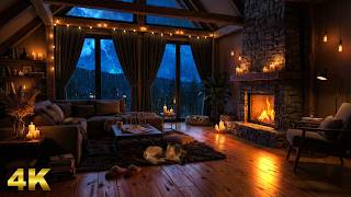 Thunderstorm and Rain | Crackling Fireplace in a Wooden Loft | Cozy Sleep Ambience 4K