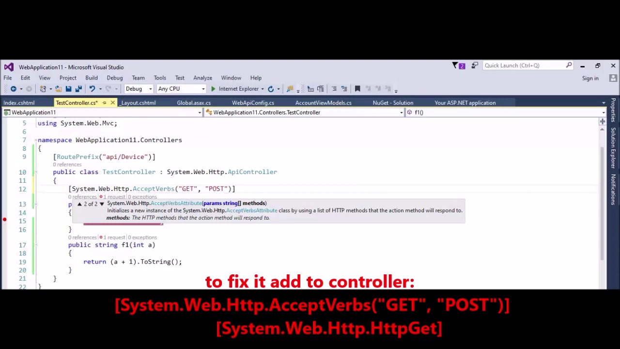 MVC - WebApiConfing - Fix Error - The requested resource does not support http method 'GET'