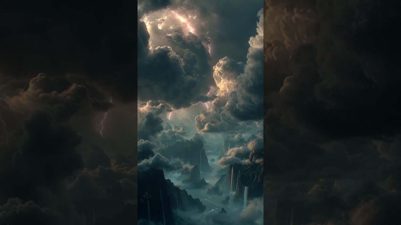 Amazing floating islands with dark storm clouds