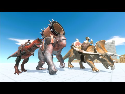 Team saddle Goro triceratops carnotaurus vs boss and miniboss animal revolt battle simulator