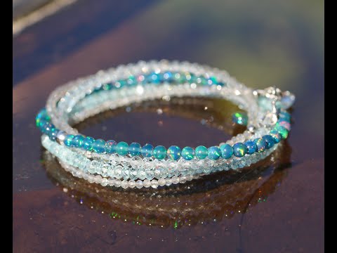 Natural Labradorite Apatite Black Opal Long Necklace Wrap Bracelet Solid 14K White Gold