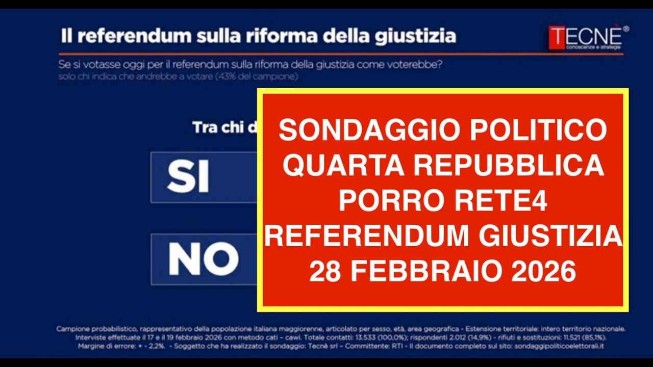 SONDAGGIO POLITICO QUARTA REPUBBLICA PORRO RETE4 REFERENDUM GIUSTIZIA 28 FEBBRAIO 2026