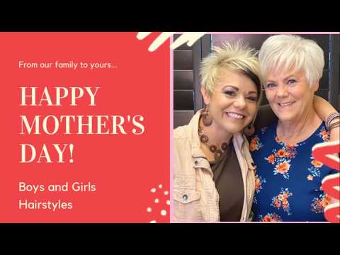Happy Mother's Day graphic featuring two women, one with a pixie haircut, celebrating with a floral backdrop, promoting Boys and Girls Hairstyles.