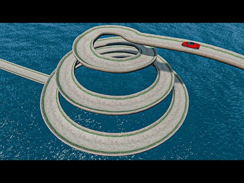 Impossible Spiral Cone Bridge Crossing Stunt Cars Vs Cliff and Deep Water - BeamNG.Drive