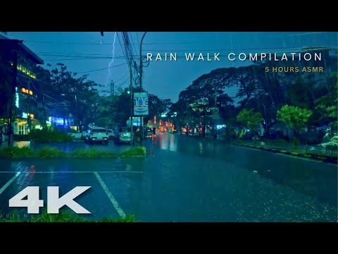 [4K ASMR] Heavy Night Thunder & Lightning Rain Walk in the City | Rain Sounds for Sleep & Focus
