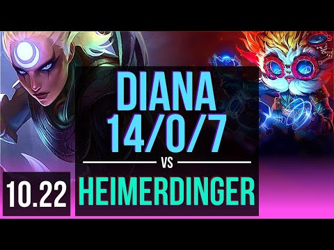 DIANA vs HEIMERDINGER (MID) | 14/0/7, Legendary, 7 solo kills, 500+ games | KR Diamond | v10.22