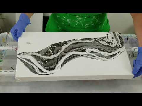 (403) Acrylic fluid pour with black and white ribbon and red negative space