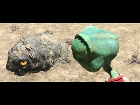 Rango (2011) trailer frame — the chameleon steps into the town of Dirt as a mariachi-tinged western theme swells