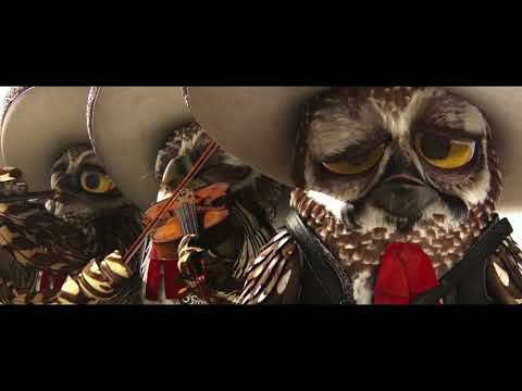 Trailer montage — the owl mariachis narrate as Rango bluffs through Dirt; brass and guitarr\u00f3n keep time