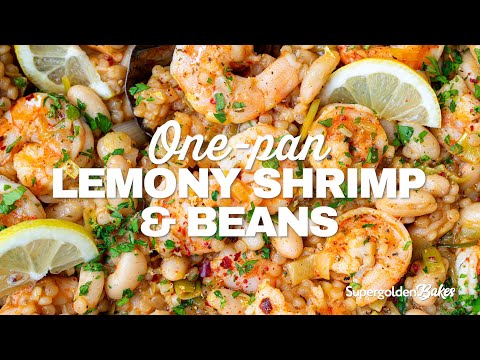 One Pan Lemony Shrimp Beans with Pearl Couscous | Supergolden Bakes