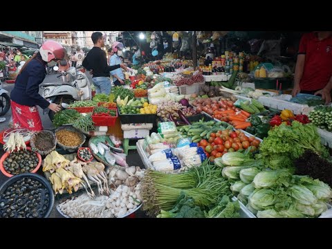 Cambodia Street Market Tours - Many Fresh Vegetable, Fish, Pork, Beef & More Seafood For Dine