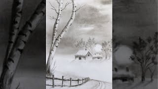 Simple Landscape Scenery Drawing with Pencils| Winter Cottage, Birch Tree | Easy Step by Step