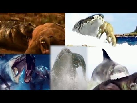 The meg 2 Megalodon eats T-rex and other scenes comparison
