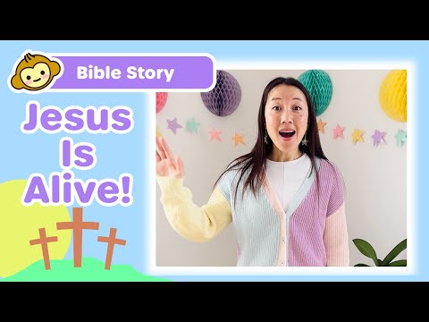 Children's Bible story thumbnail: cheerful woman speaks with pastel cardigan, 'Jesus Is Alive!' text and colorful decorations in the background.