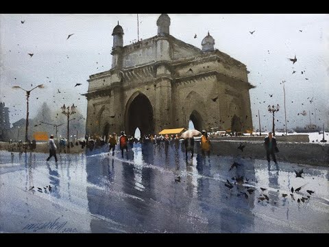 watercolor landscape painting gateway of indian rainy cityscape by ganesh hire fine art studio