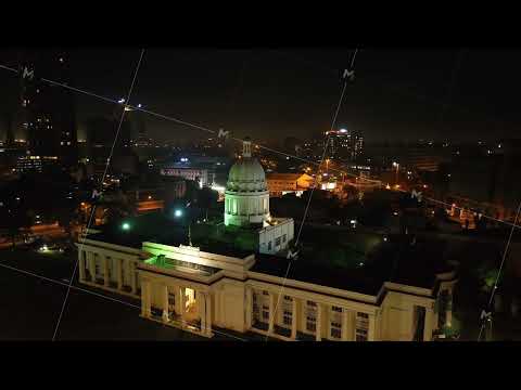 Aerial view of beautiful historic city hall building. Illuminated sight in night city. Colombo, Sri
