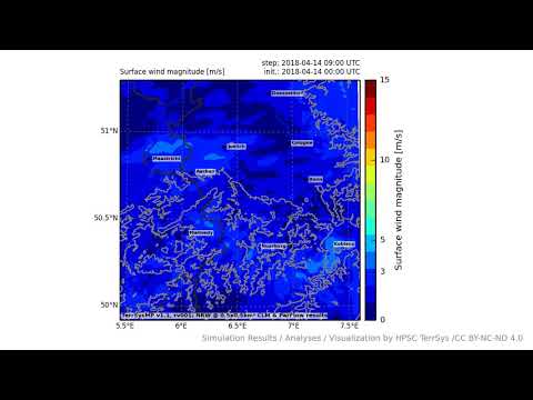 TerrSysMP monitoring run 2018-04-14 - surface wind magnitude - NRW (24h)